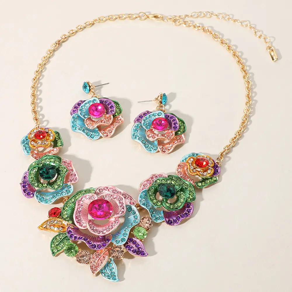 Rhinestone Roses Necklace Earring Set