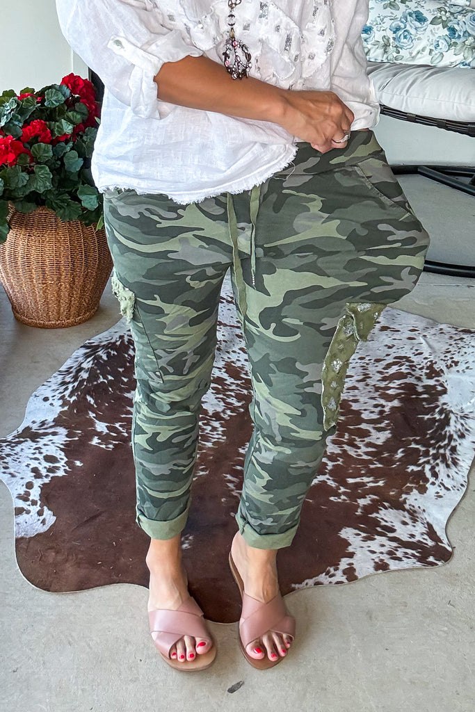 Made in Italy Scrunchy Stretch Cargo Jogger Pants – Ultra Comfortable - Green Camo Sequin (Size 6 to 24)