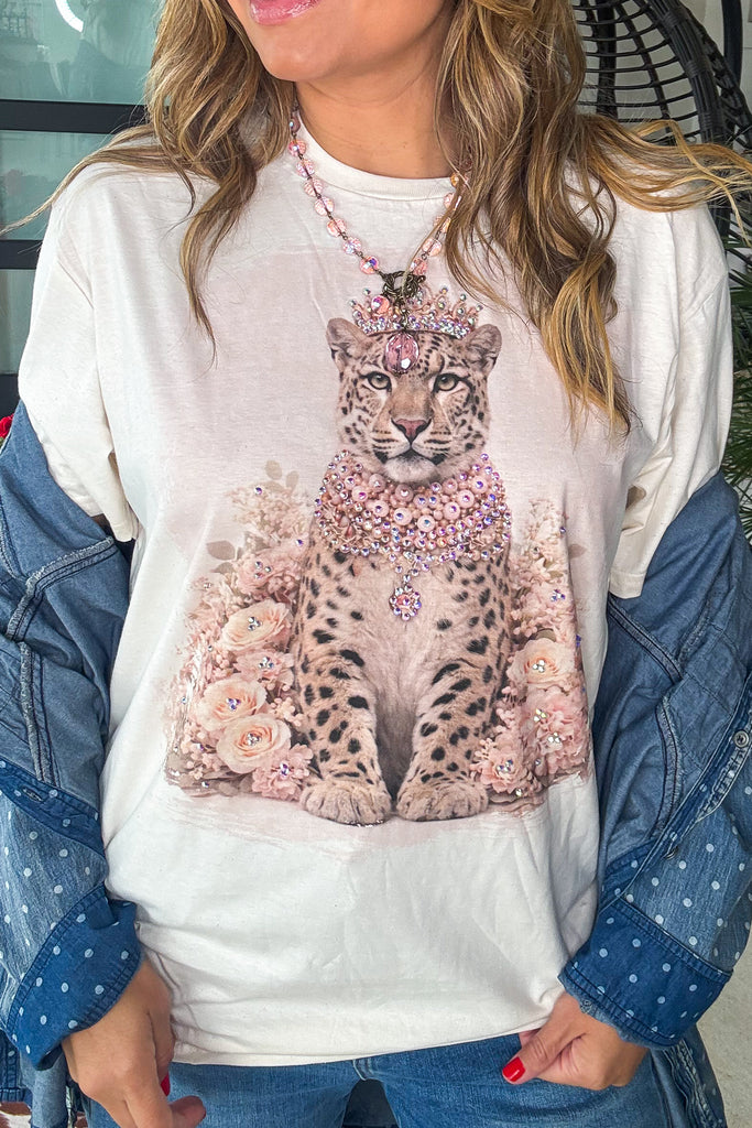 Crowned Royalty Rhinestone Cheeta Shirt - 100% Cotton