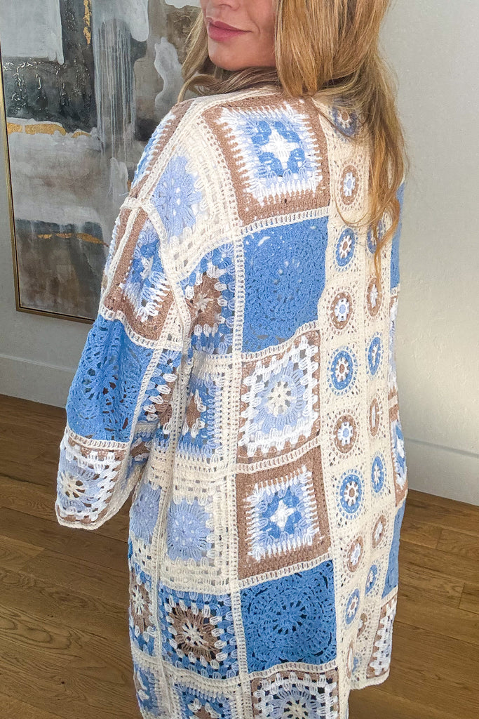 Boho Patchwork Crochet Cardigan - Blue