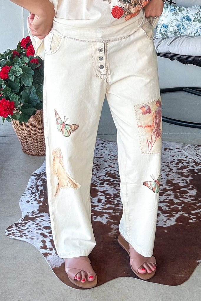 Garden Story Patch Elastic Waist Jeans - 100% Cotton - Cream