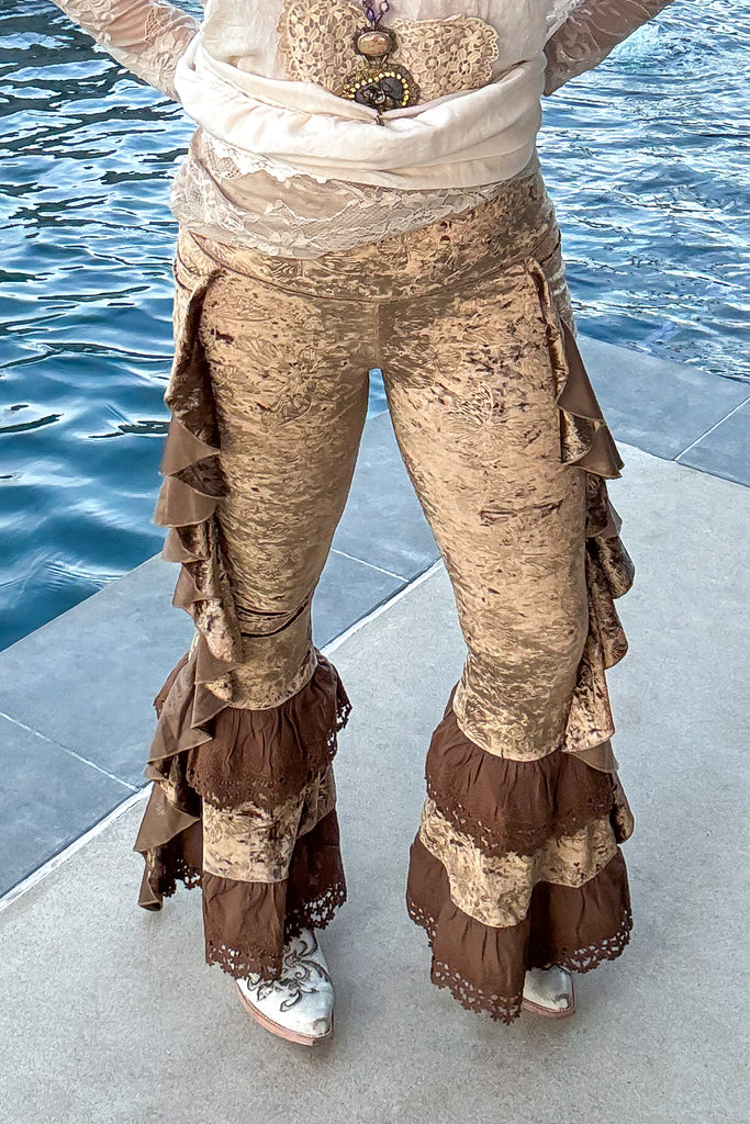 Velvet Butterfly Ruffled Leggings - Brown