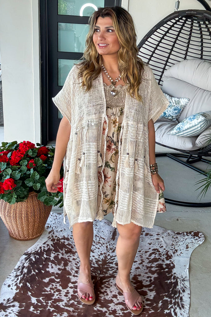 Starlit Sand Tie Front Cardigan - 100% Cotton - Natural