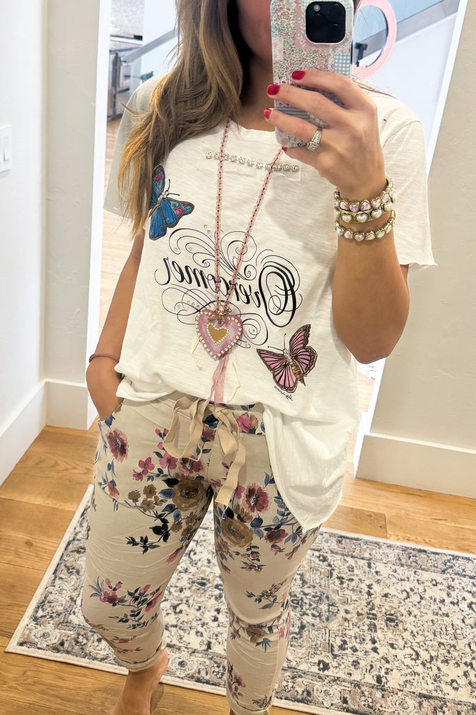 Made in Italy Scrunchy Stretch Floral Jogger Pants – Ultra Comfortable One Size (Size 6 to 12) - Floral Taupe