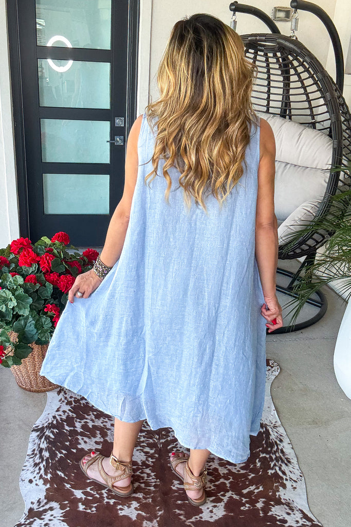 Linen Feeling Cotton Summer Dress - 100% Cotton - Blue