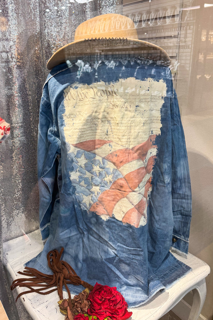 We the People Oversized Denim Shirt - Rhinestones - 100% Cotton