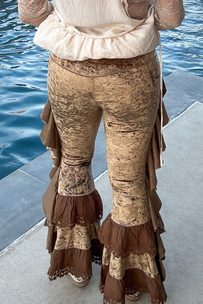 Velvet Butterfly Ruffled Leggings - Brown