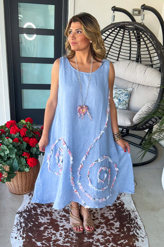 Linen Feeling Cotton Summer Dress - 100% Cotton - Blue
