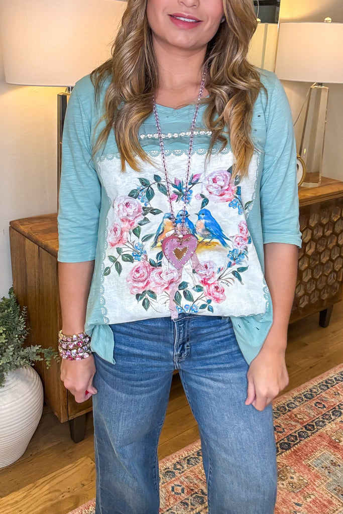 Songbirds Floral Cotton Top - 100% Cotton - Sage