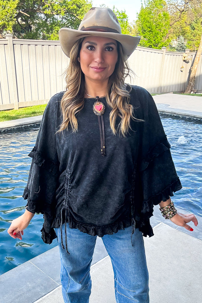 Midnight Ruffles Cinch Top - 100% Cotton - Black