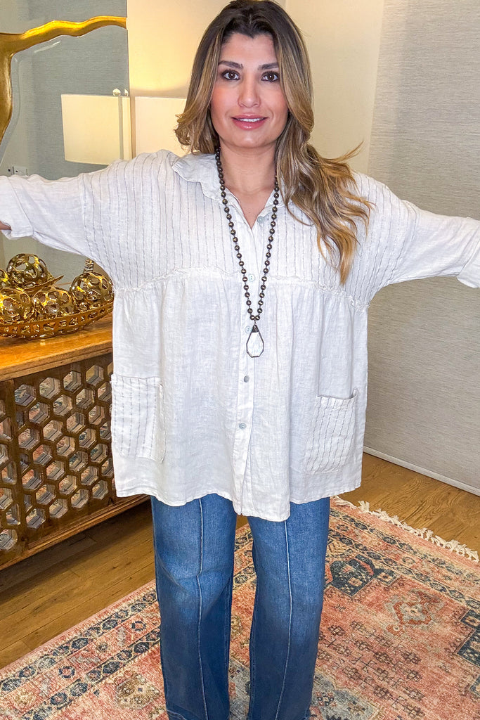 Along The Lines Top - Beige - 100% Linen - Made in Italy