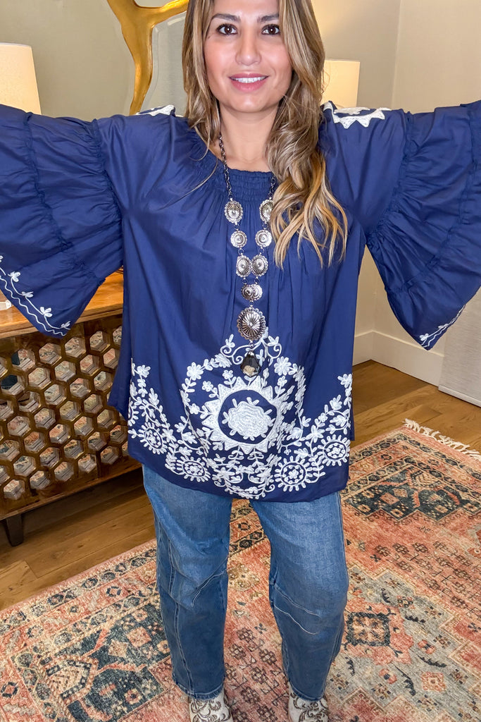 Bound By Love Embroidered Top - Blue