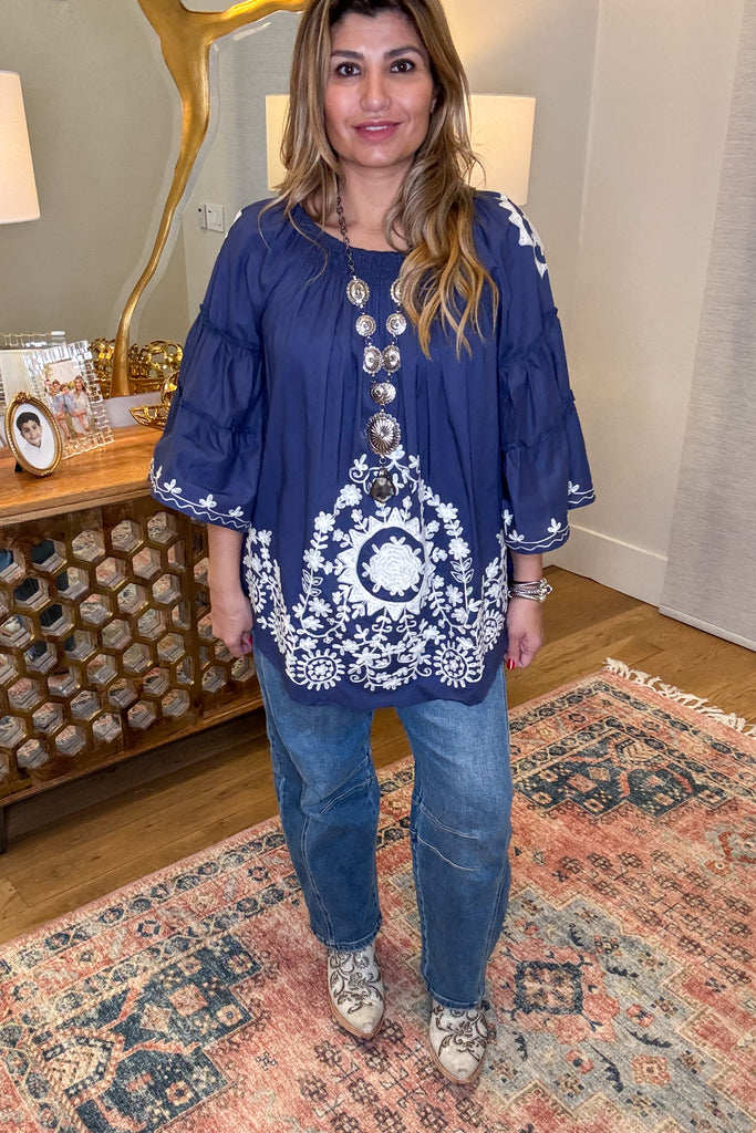 Bound By Love Embroidered Top - Blue