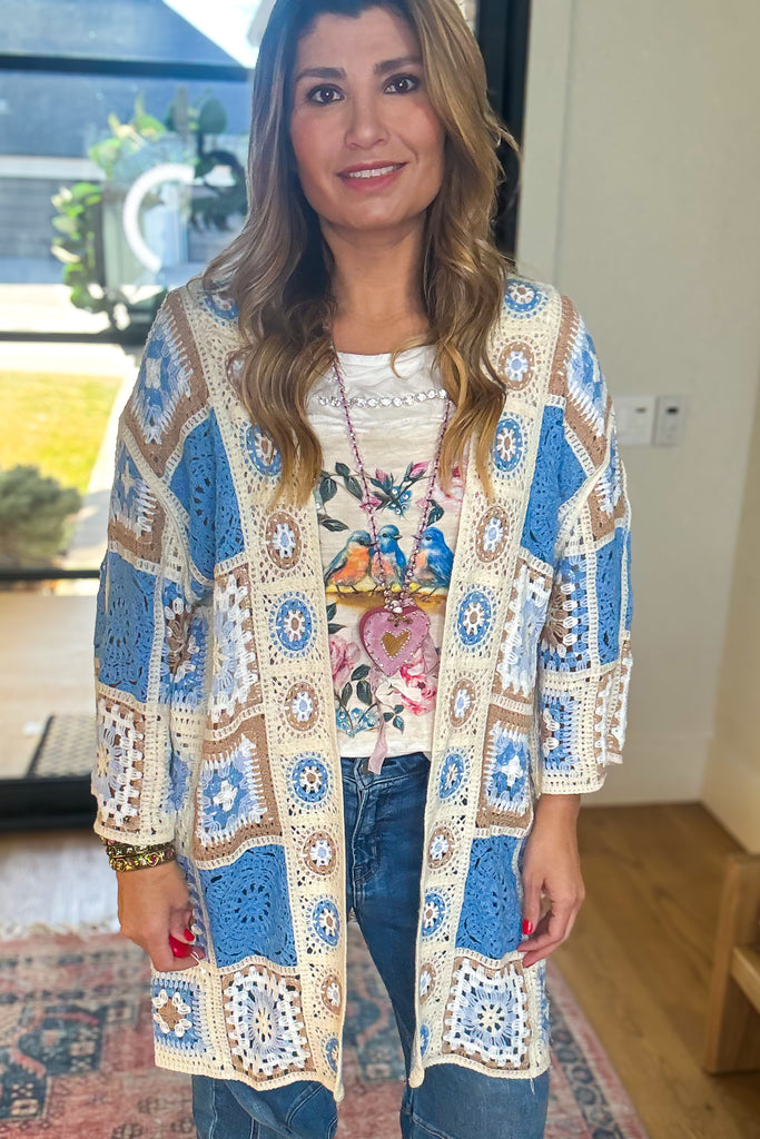 Boho Patchwork Crochet Cardigan - Blue