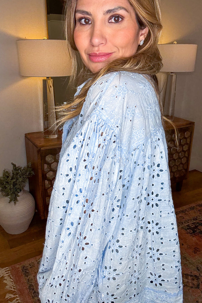 Cloud Washed Button Down Top - Blue - 100% Cotton