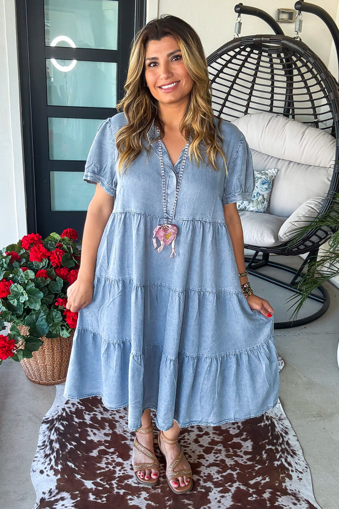 Cottage Charm Midi Denim Dress - Light Denim