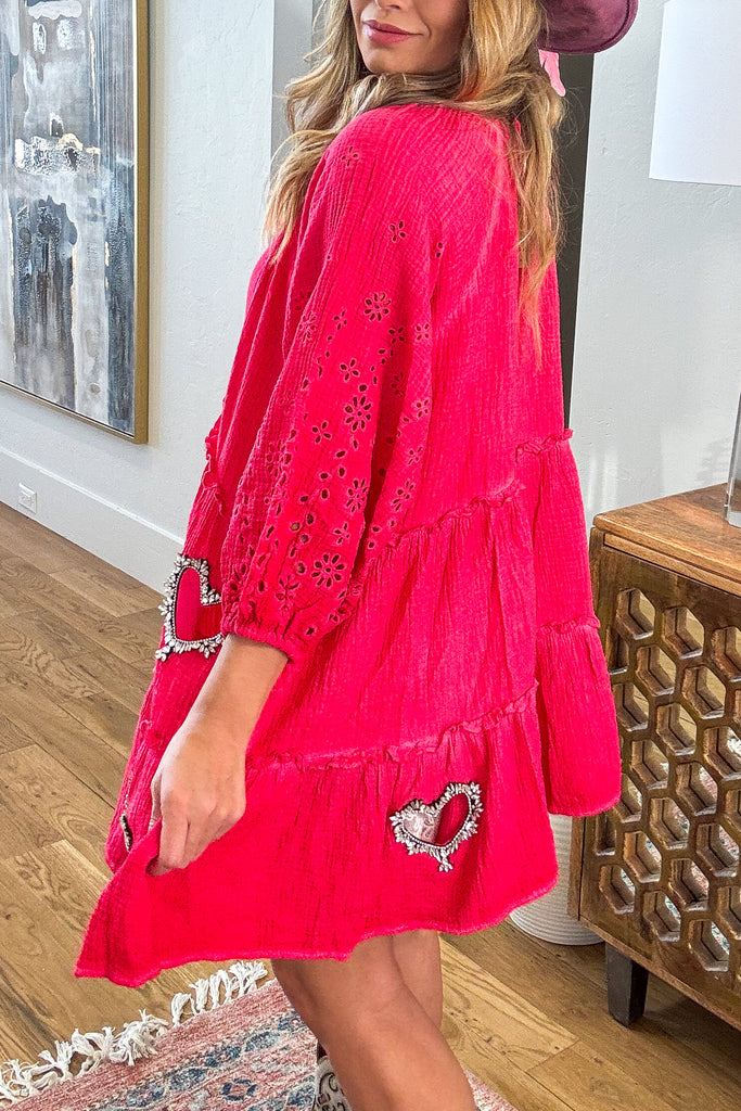 Heart & Star Crystal Patch Boho Dress - 100% Cotton