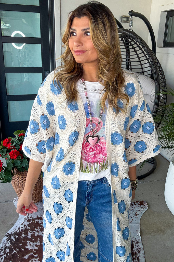 Porcelain Bloom Crochet Duster - Sky