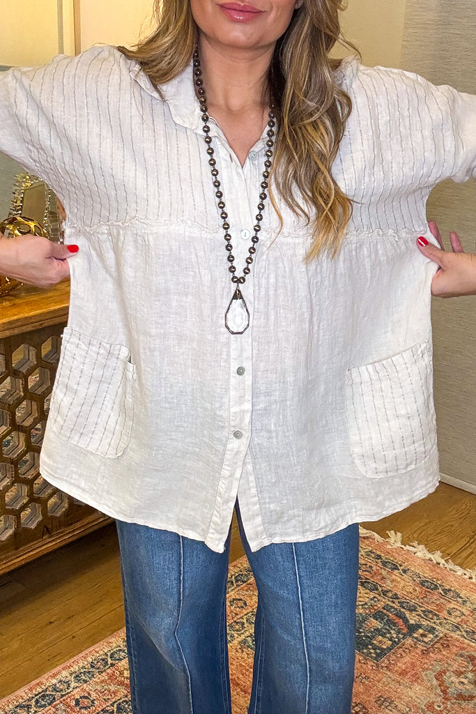 Along The Lines Top - Beige - 100% Linen - Made in Italy