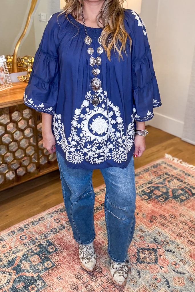 Bound By Love Embroidered Top - Blue