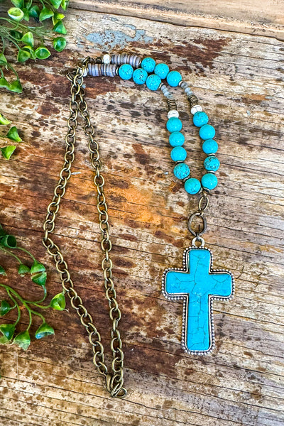 Pendentif Croix Bohème Fait Main - Turquoise & Onyx - Laiton, Fabriqué En Inde