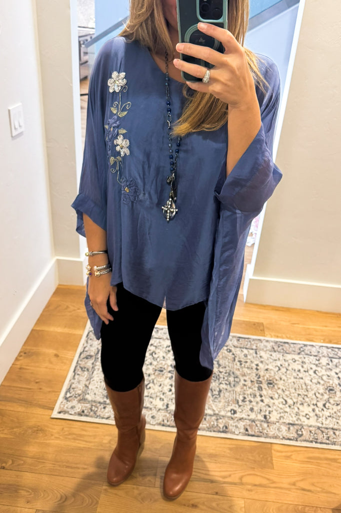 Embroidered Italian Silk Top with Sequin Detail - Blue