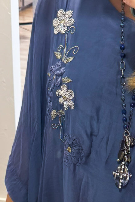 Embroidered Italian Silk Top with Sequin Detail - Blue