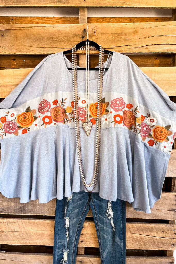 Blooming Harvest OVERSIZED Top - Dusty Blue
