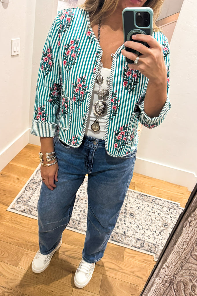 Reversible Floral Quilted Jacket -Blue Green -100% Cotton (Size 6 to 12)