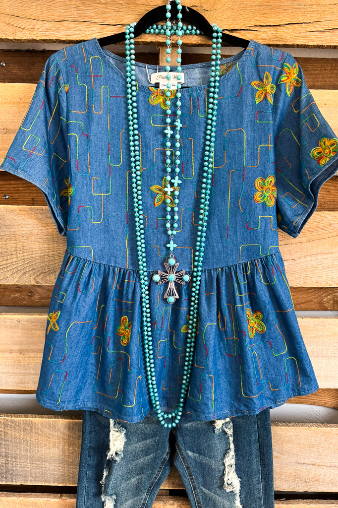 Trying To Keep Up Top - Denim - 100% COTTON