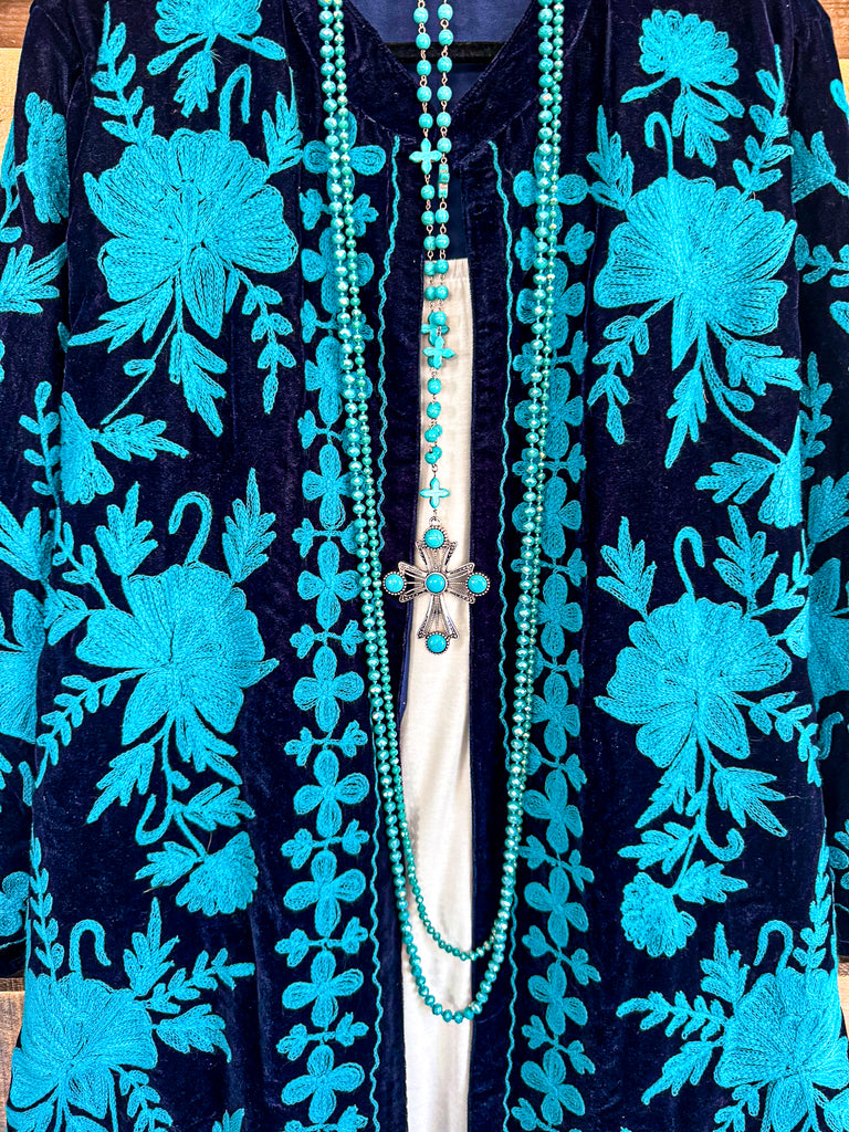 Blue Suede Embroidery Thoughts Velvet Jacket - Blue