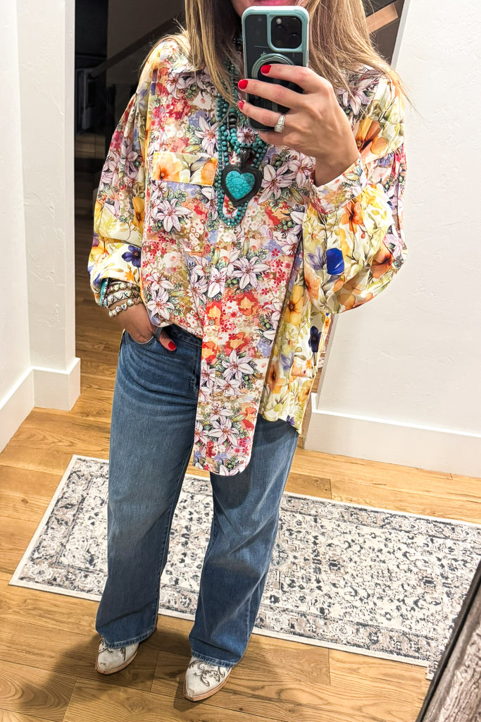 Wildflower Walks Oversized Blouse - Green Yellow Multi