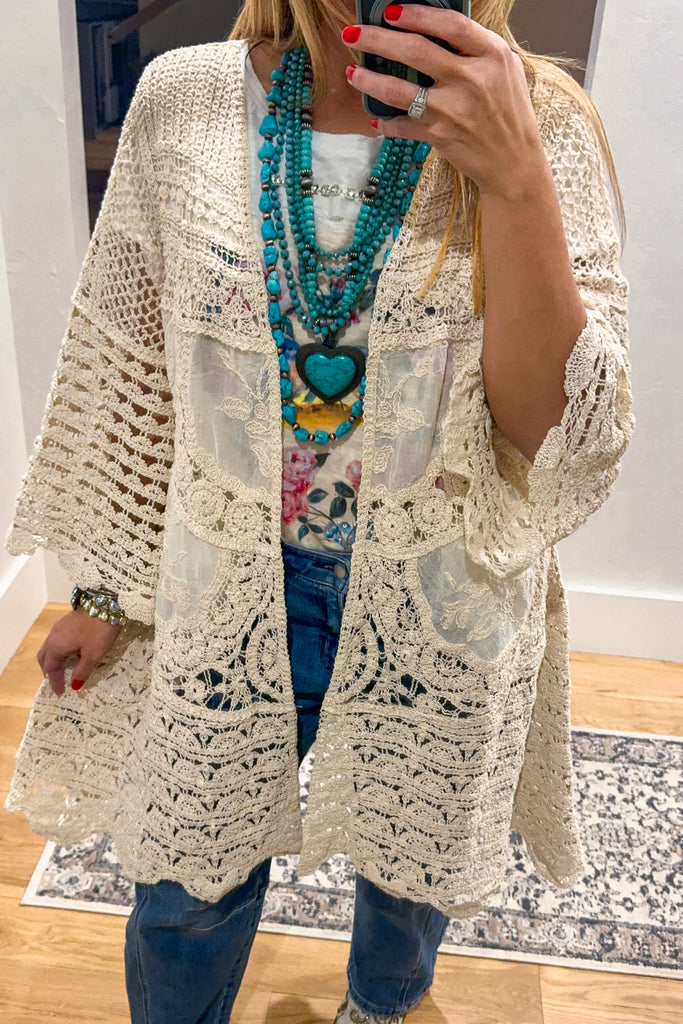 Gracefully Polished Crochet Cardigan - Natural - COTTON BLEND