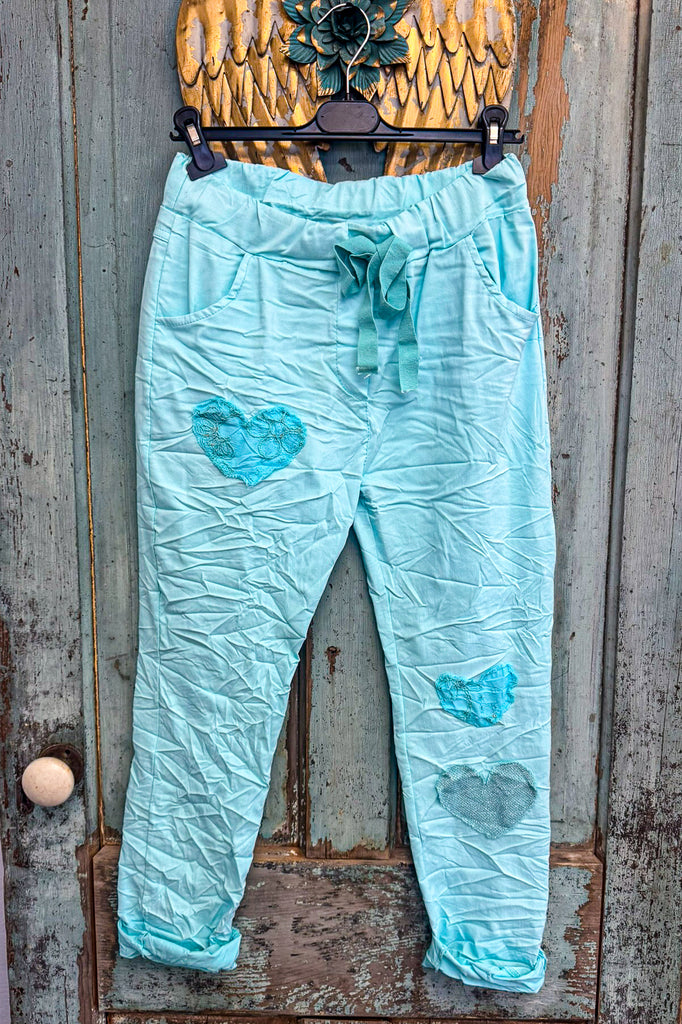 Made in Italy Scrunchy Stretch Jogger Pants – Ultra Comfortable Plus Size - Aqua Hearts - Size 4 to 12