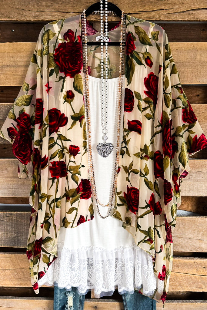Heart On My Sleeve Burnout Velvet Kimono - Red