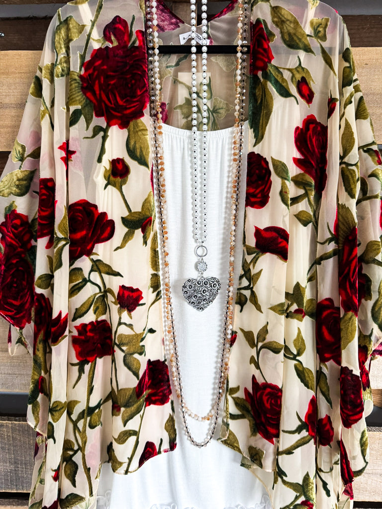 Heart On My Sleeve Burnout Velvet Kimono - Red