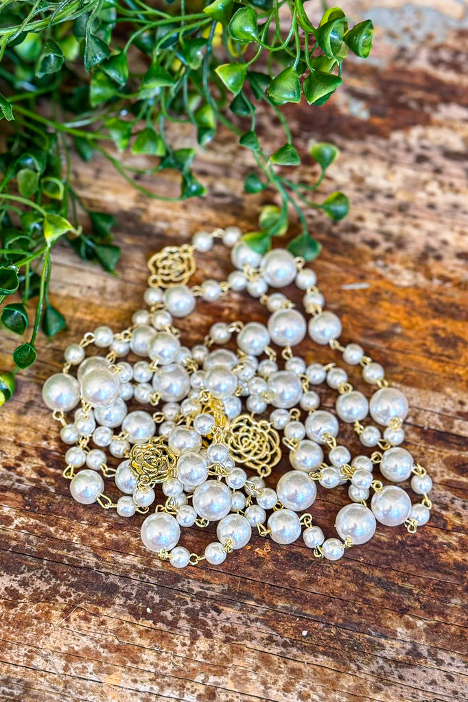 Retro Flower Pearl Long Necklace - Pearl/Gold
