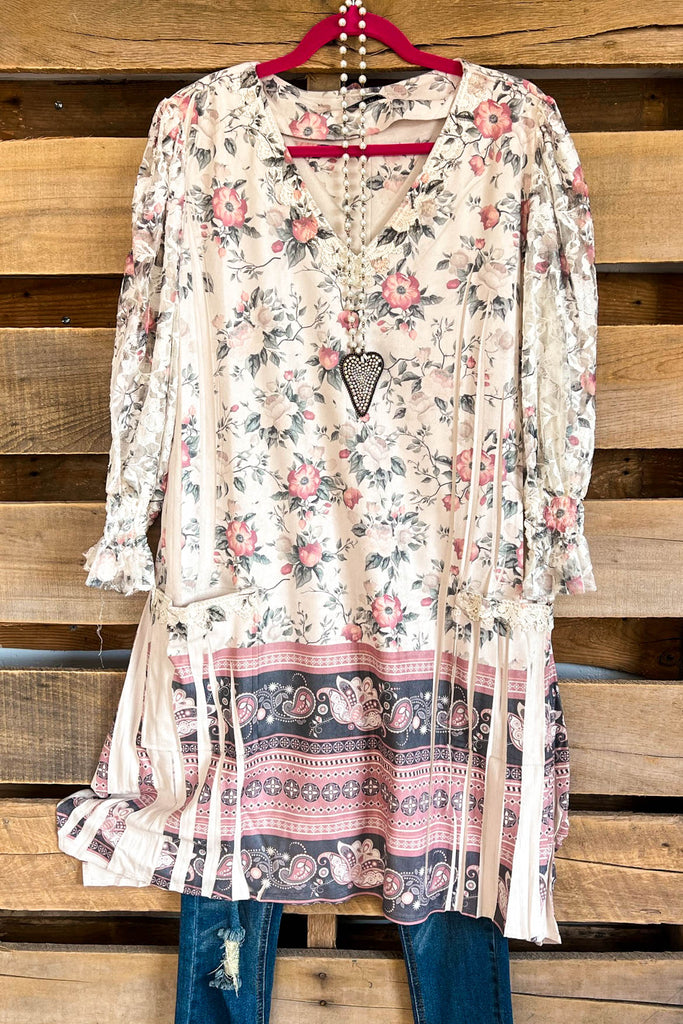 AHB EXCLUSIVE: Candle On The Water Suede Tunic - Beige/Floral - SALE