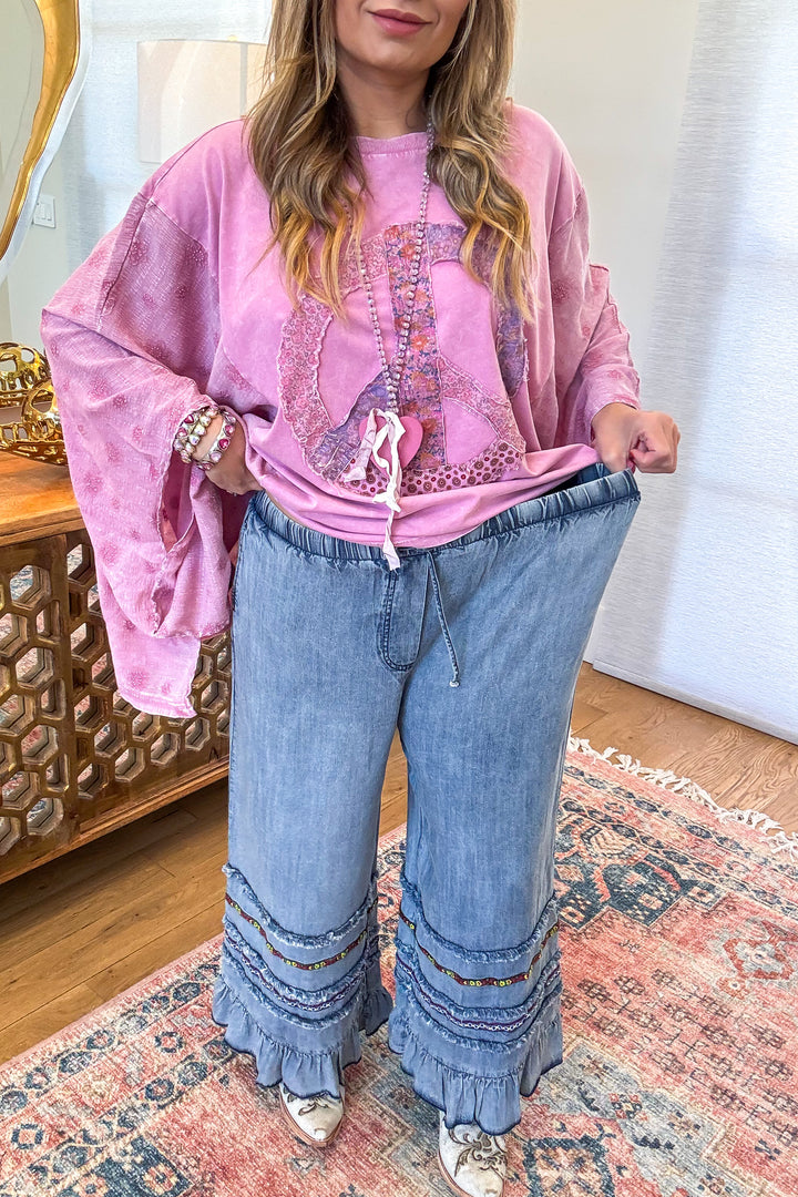 PRE ORDER: Frayed And Ruffled Denim Capris - Washed Denim