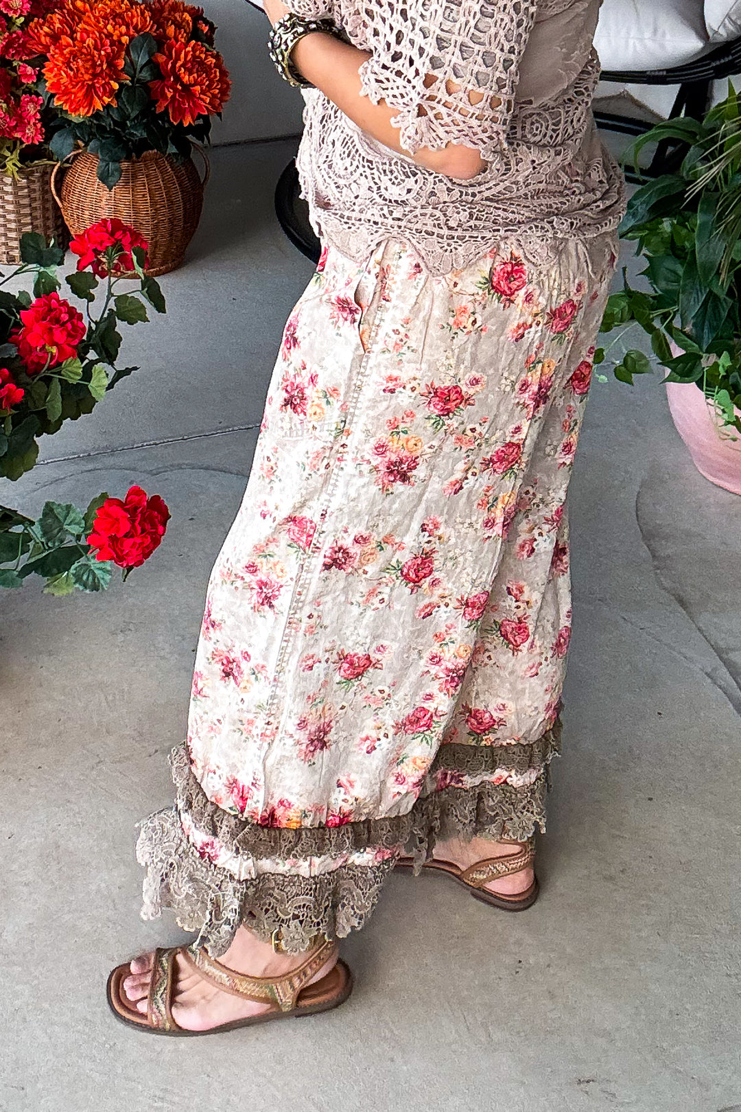 Floral Print Lace Trim Elastic Waist Bloomers