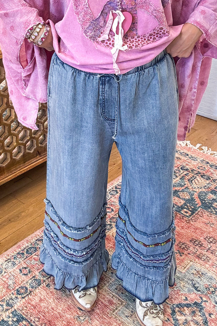 PRE ORDER: Frayed And Ruffled Denim Capris - Washed Denim