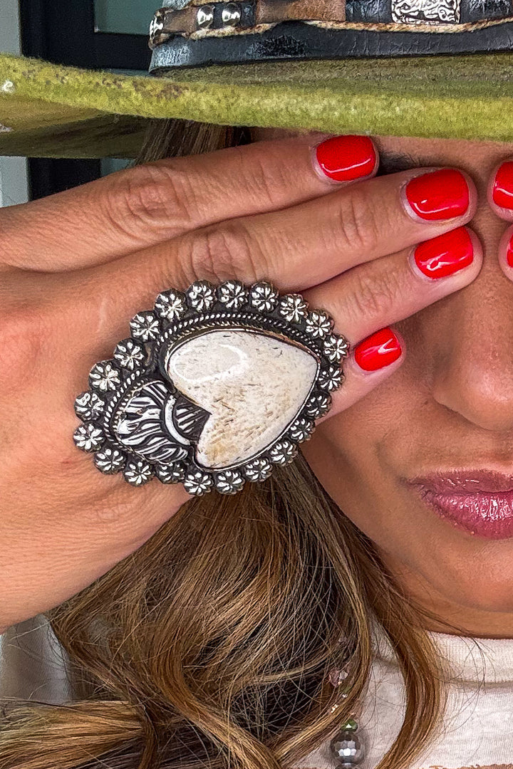Sacred Heart Bone Statement Ring - silver plated