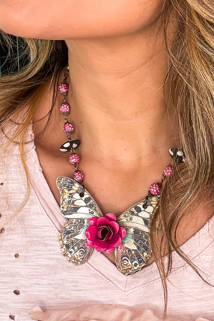 Butterfly Pendant with Pink Flower  Necklace