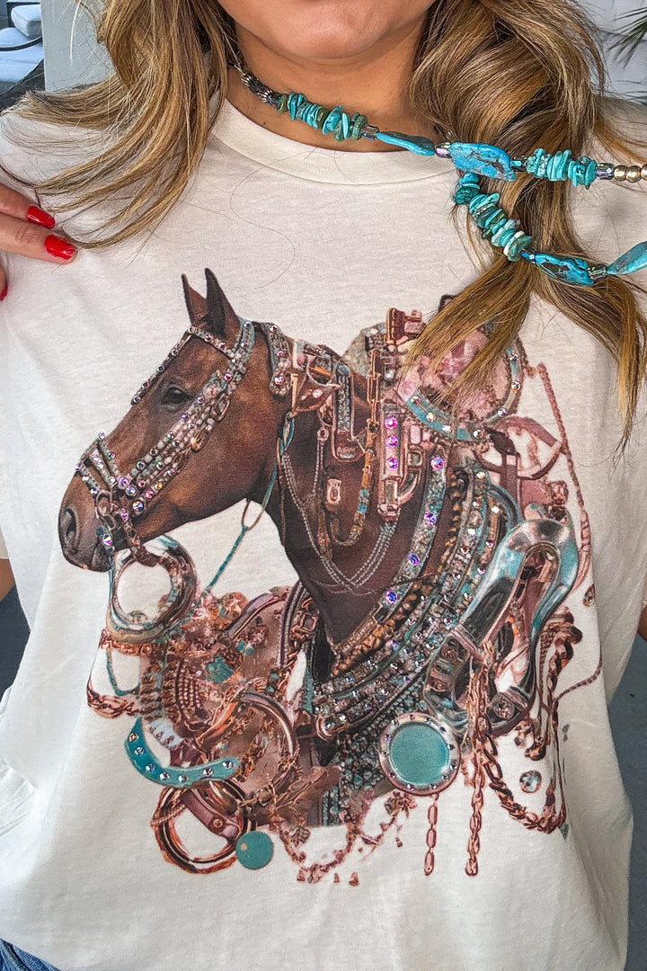 Gemstone Stallion Rhinestones Tee - Cream