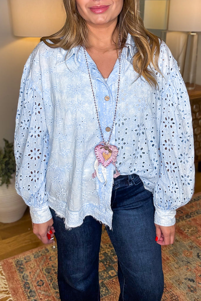 Cloud Washed Button Down Top - Blue - 100% Cotton