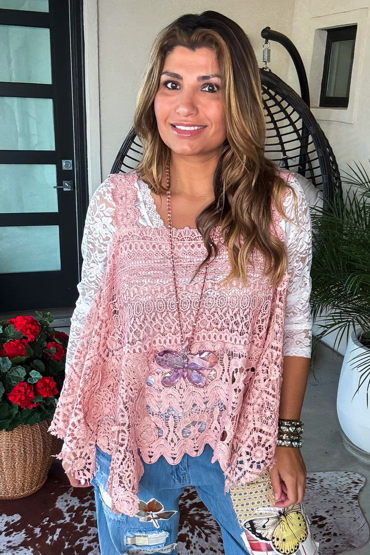 PRE ORDER: Whispering Details Lace Tank - 100% Cotton - Made in USA - Pink