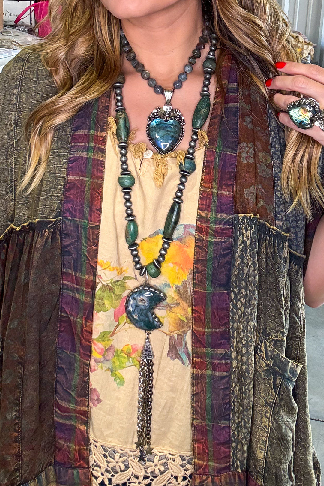 HANDMADE Russian Moss Agate Druzy Moon Necklace - Made in USA