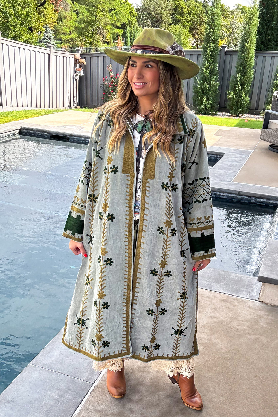 Velvet Green Embroidered Jacket - 100% Cotton