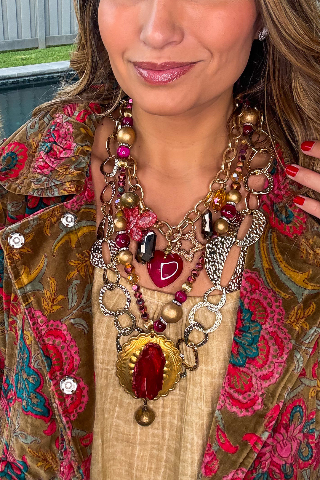 Red Druzy and Golden Medallion Statement Necklace