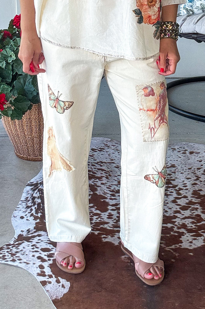 Garden Story Patch Elastic Waist Jeans - 100% Cotton - Cream